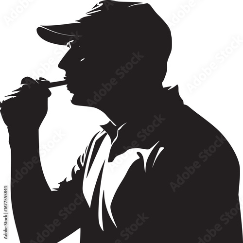 Silhouette of a man in a cap holding a cigarette to his mouth against a white background art