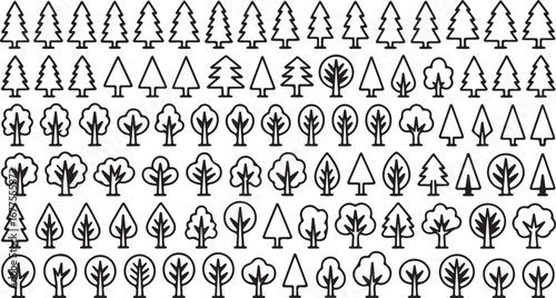 Pattern of Stylized Black and White Trees and Pine Trees in Rows evergreen deciduous tree