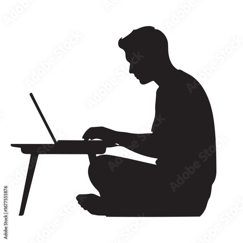Silhouette of a man sitting cross legged using a laptop on a low table vector