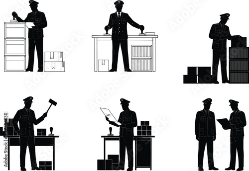 Customs officer silhouette, border security inspection, cargo check, document verification, shipping control, customs regulation, freight clearance, import export monitoring, border patrol duty