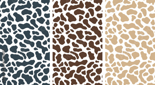 Seamless Animal Skin Pattern Set – Cow & Giraffe Style,
Set of Three Cow Print Seamless Patterns,Wildlife-Inspired Spot Textures – Vector Animal Patterns