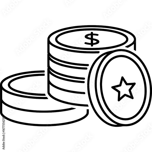Minimalist line art icon of stacked coins with dollar and star symbols representing finance and wealth