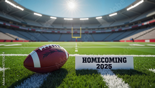 Football on field with homecoming sign 2025
