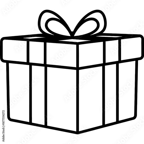 Black and white illustration of a wrapped gift box with a ribbon and bow, perfect for any celebration