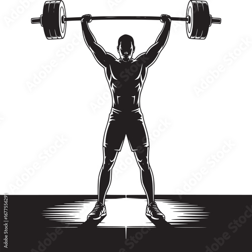 A muscular man in silhouette lifting a barbell overhead with a white background and black foreground