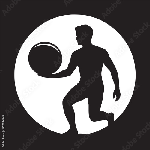 Silhouette of man lunging with medicine ball in white circle on black background illustration