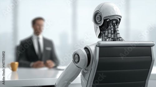A human worker and an AI agent humanoid robot in an interview for a job at an office symbolizing AGI employment and business autonomy using ASI superintelligence during the singularity