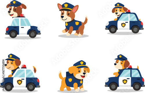 Cute cartoon police dog character in uniform driving patrol car, funny puppy officer illustration, law enforcement mascot design, animal security concept