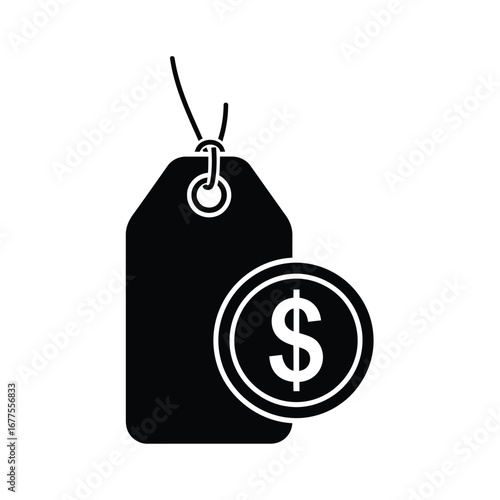 Black silhouette icon of a price tag with a dollar sign coin, symbolizing cost, sales, and commerce.