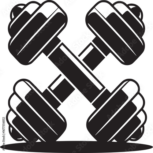 A minimalist illustration of two crossed dumbbells in black and white with a shadow underneath