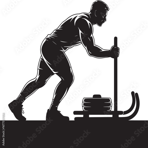 Silhouette of muscular man pushing weight sled in a black and white fitness illustration design