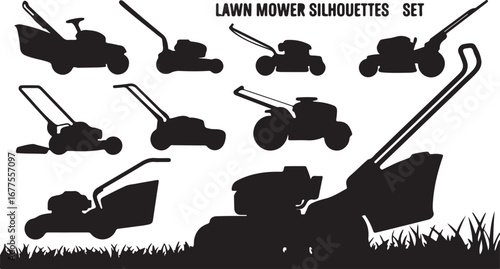 Set of Black Silhouettes of Various Lawn Mowers on a White Background with Grass Detail grass cutting
