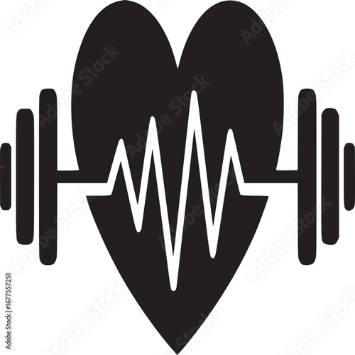 A black heart with a white ekg line and a barbell through it on a white background illustration