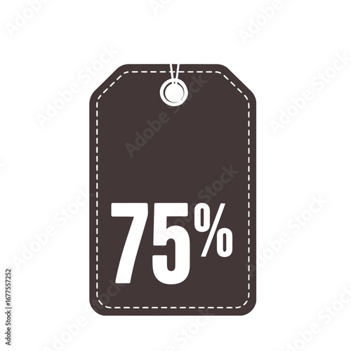 Dark brown tag with 75% discount offer.