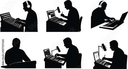 Music producer silhouette, sound engineer working, recording studio setup, podcast creation, DJ mixing, audio editing, laptop production, microphone recording, creative workspace