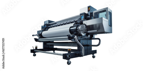 Modern industrial large format inkjet printer with a roll of paper on a metal stand isolated on transparent background