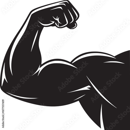 A stylized black and white illustration of a muscular arm flexing against a white background space