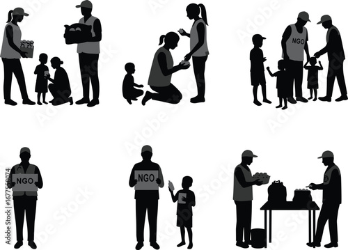 NGO volunteers silhouette, humanitarian aid, food donation, community support, charity help, nonprofit organization, social service, relief effort, helping poor children