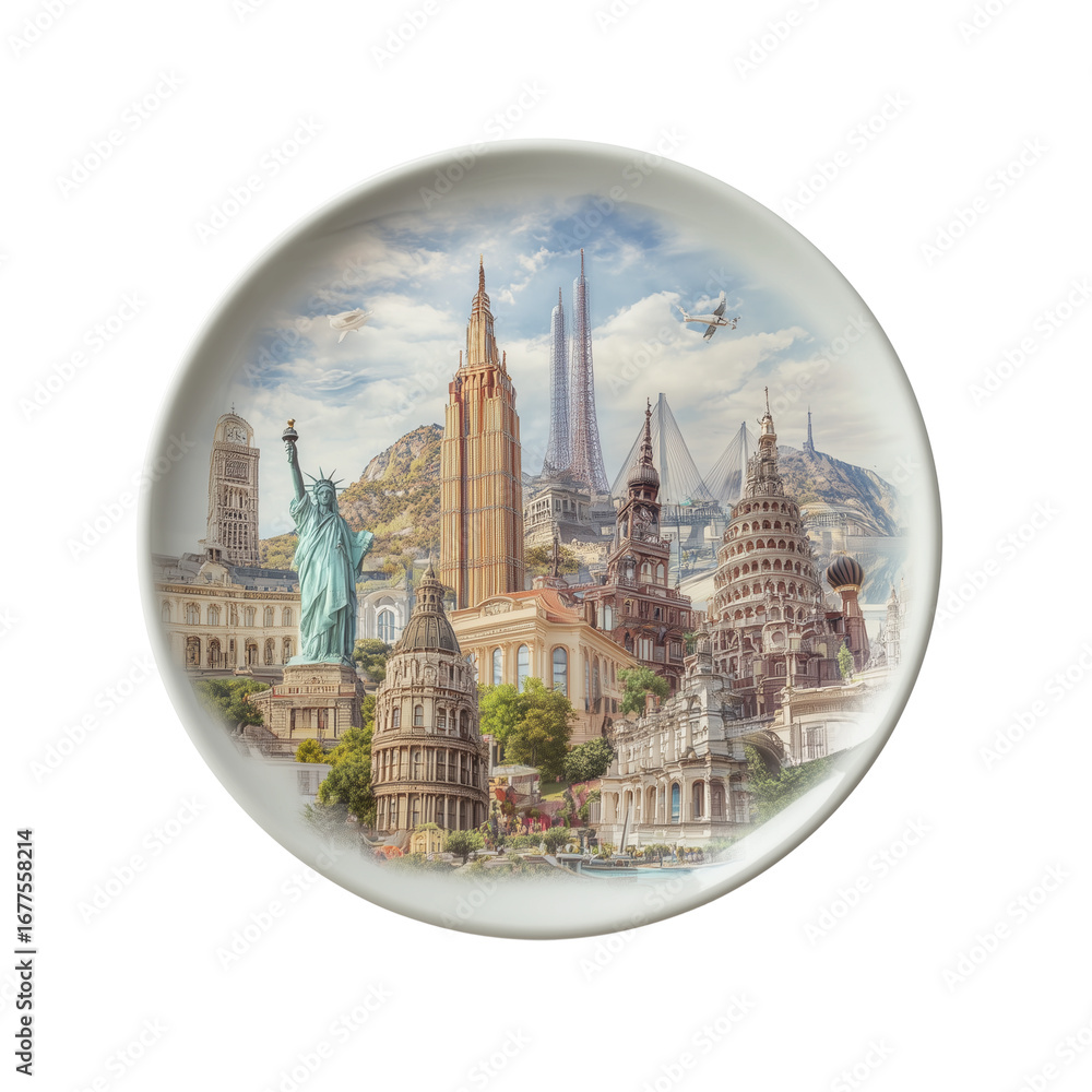 Obraz premium Collectible souvenir decorative plate showcasing famous world landmarks and cityscapes