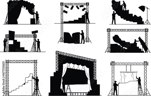Stage construction silhouette, workers building stage, theater setup, curtain installation, event preparation, stage stairs design, performance backdrop, lighting truss, creative teamwork
