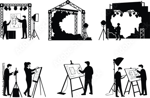 Stage design silhouette, architects drawing, event planning, lighting setup, stage construction, blueprint 