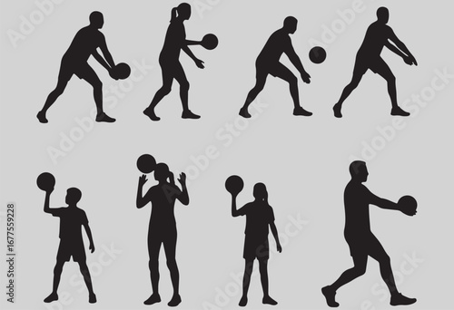 Volleyball  Players Silhouettes Set - Serving, Spiking, Passing Vector.