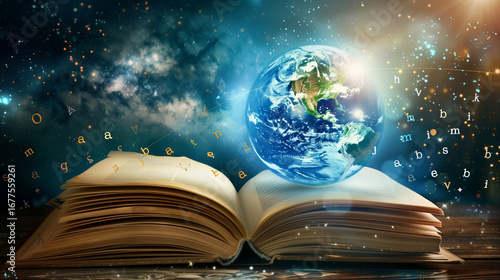 International Literacy Day concept of open book with alphabet letters and earth. Children education background or learning event concept