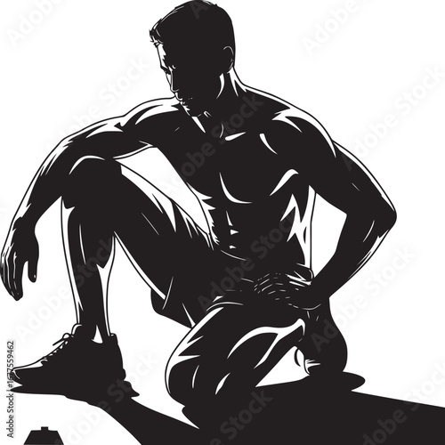 A silhouette of a muscular man kneeling with one foot on the ground and one hand on his hip