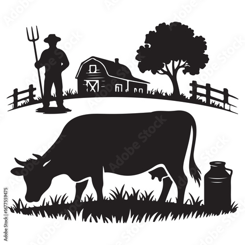 Silhouette of farmer with pitchfork cow grazing barn and milk can vector