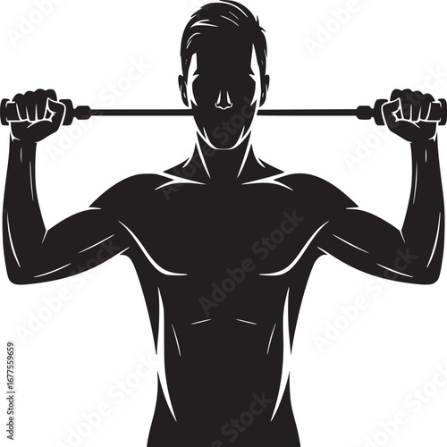 Silhouette of a muscular man holding a resistance band behind his neck in a black and white image