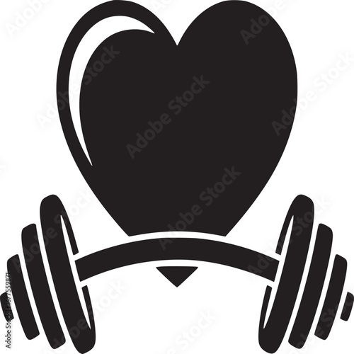 A black heart shape with a barbell across the bottom on a white background illustration style