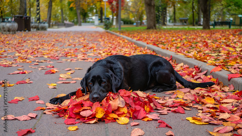 Black Labrador dog resting peacefully in autumn leaves on a park pathway  