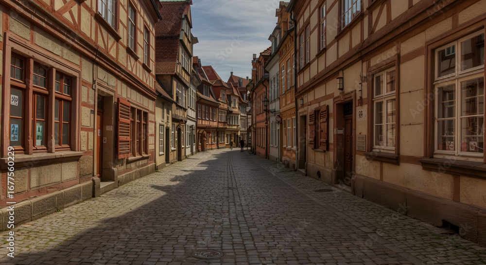 Fototapeta premium Historic European street with cobblestone and old houses