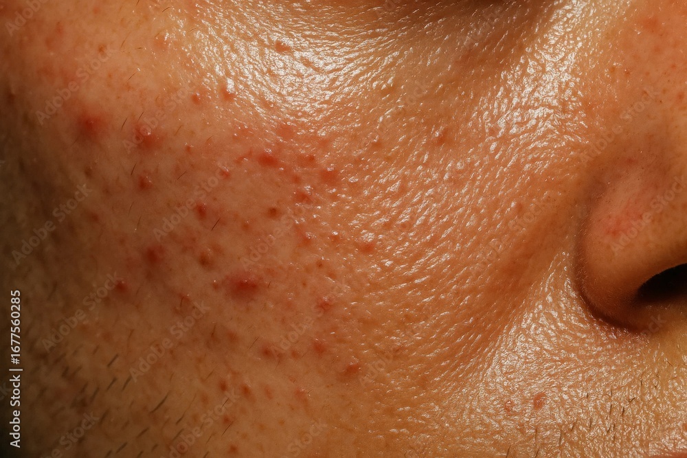 Fototapeta premium Closeup of male face with acne pimples and oily skin showing inflamed pores.