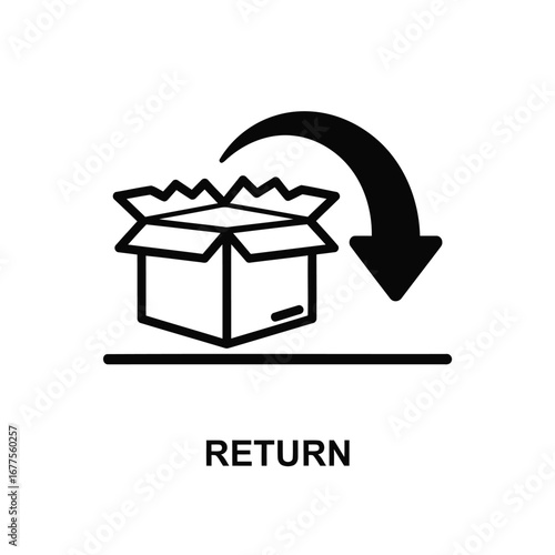 Black and white icon representing product return, showing an open cardboard box with a curved arrow pointing away.