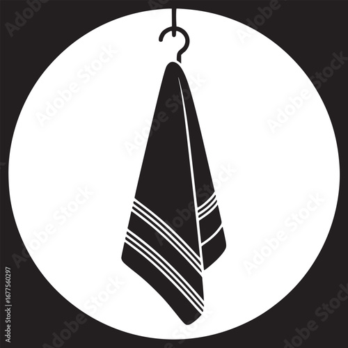 A black towel with white stripes hanging from a hook against a white circle on a black background