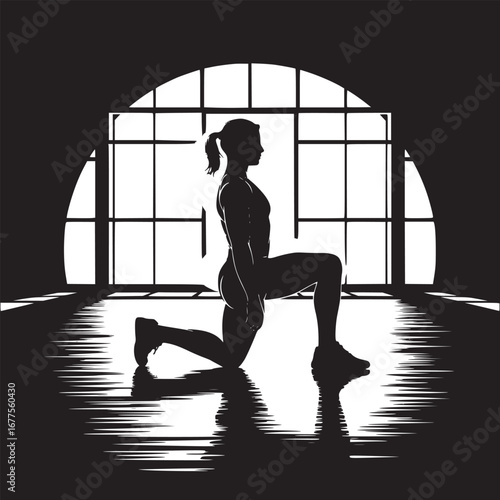 Silhouette of a woman doing a lunge exercise in front of a large arched window in a dark room