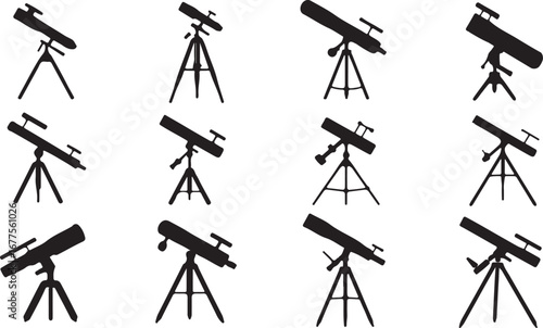 Twelve Black Silhouettes of Telescopes on Tripods in Various Poses astronomy science