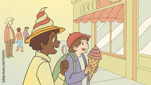 Friends Ice Cream Outing with Funny Street Incident – Vector Illustration of Casual Gathering, outgoing and Happiness