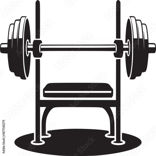 A black and white graphic of a weight bench with weights on it in a minimalist style design