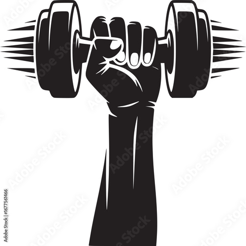 A black and white graphic of a hand holding a dumbbell with motion lines on a white background