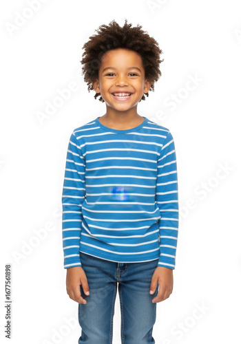 Happy Young Boy with Curly Hair Wearing Blue Striped Shirt and Jeans