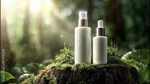 Natural Skincare Cosmetic Bottles in Green Forest Background | 4K Video
