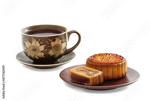 Sliced Moon cakes with Ornate Tea Set in a transparent background