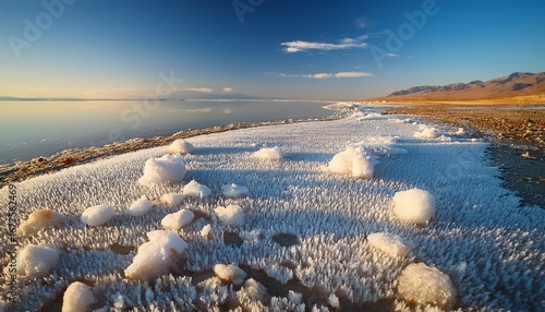 crystals of self seeding salt on the shore of a hypersalted lake