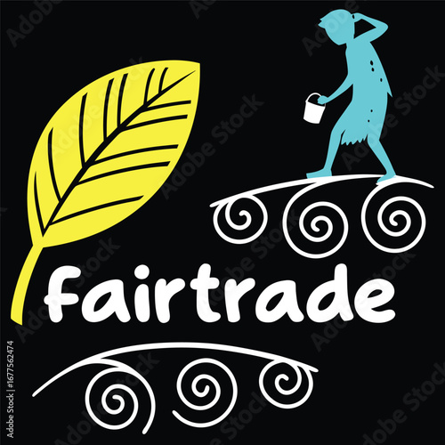 Fairtrade logo featuring a yellow leaf, a silhouette of a boy, and decorative swirls on a black background.