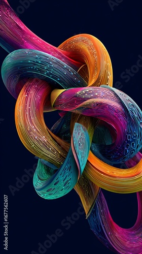 Wallpaper Mural A vibrant, interwoven design of colorful, textured ribbons creates an abstract, dynamic composition against a dark backdrop. Torontodigital.ca