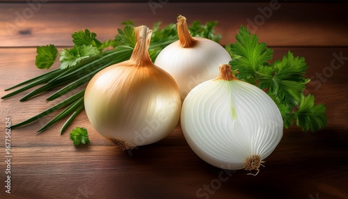fresh white onions with parsley on wooden surface for culinary and food presentation