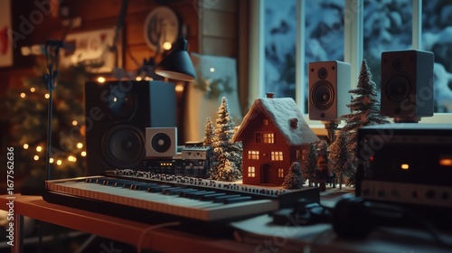 A cozy winter scene featuring a keyboard, speakers, and a decorated house amidst a snowy backdrop, creating a festive atmosphere.