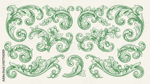 Set of Vintage Baroque Victorian element floral ornament leaf scroll engraved retro flower pattern decorative design. Vector damask patterns with flourishes calligraphic engraved ink style.
